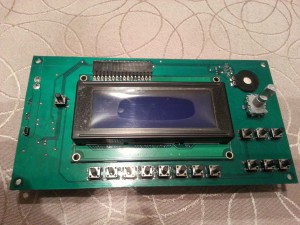 Controller PCB with the LCD module slotted in. Front side.